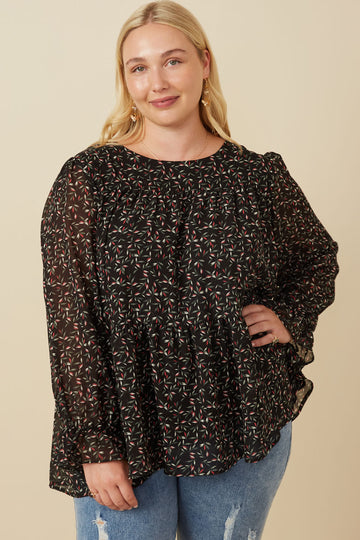 HY7716W Black Plus Ditsy Floral Cinch Sleeve Tiered Top Front